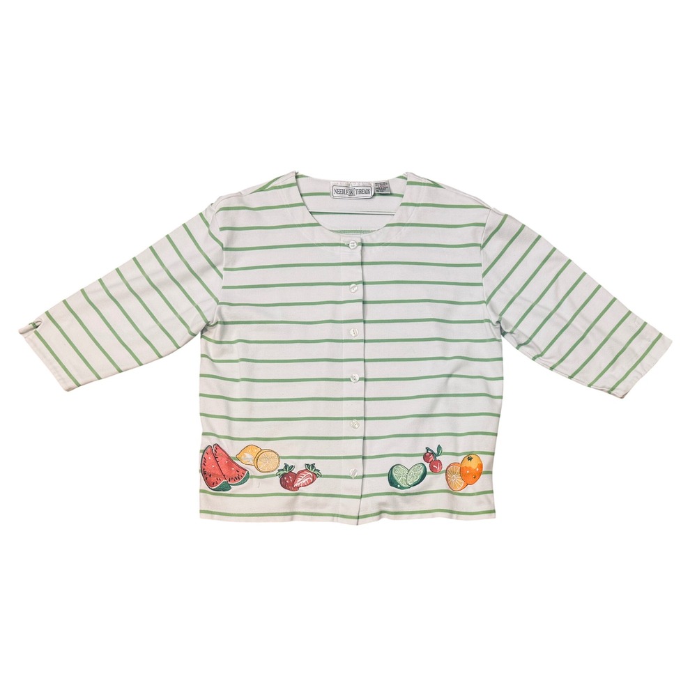 VTG Needle & Threads Cardigan Fruit Embroidered Striped Green White Women's Lar